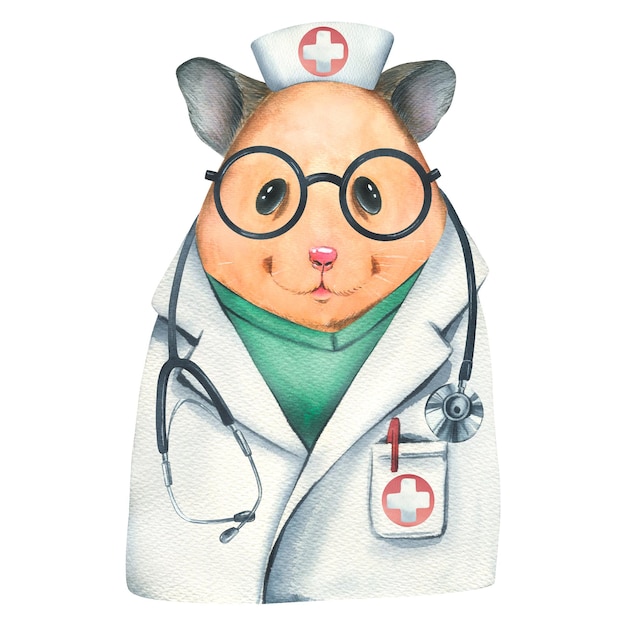 Médico hamster bonito em um casaco e óculos com um estetoscópio Ilustração em aquarela Objeto isolado no fundo branco da coleção VETERINÁRIA Para o design e design de médicos