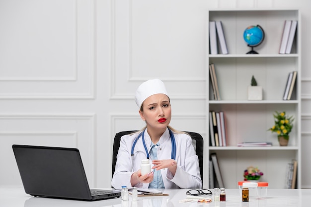 Médico hermoso lindo doctor en bata blanca de hospital y sombrero con computadora con pastillas blancas