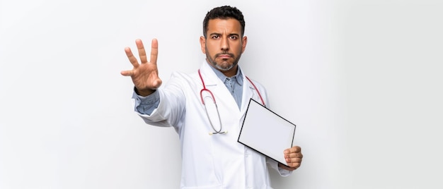 El médico hispano confiado afirma la autoridad con el gesto de detención