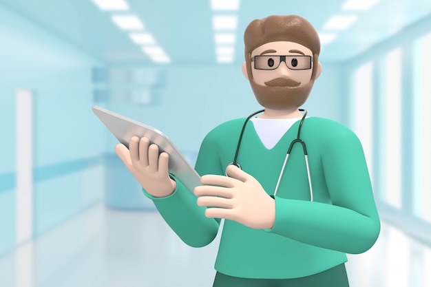 Médico hombre en el interior médico del hospital tiene una tableta, bloc de notas. Persona de dibujos animados Representación 3D