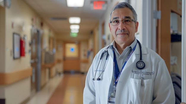 Foto médico hombre maduro y confiado de pie en el pasillo del hospital retrato de profesional médico en el trabajo atención médica medicina y bienestar concepto clínica limpia y tranquila atmosfera ai