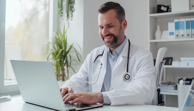 Foto médico hombre positivo sentado en un lugar de trabajo blanco y usando una computadora portátil blanca en una habitación blanca del hospital