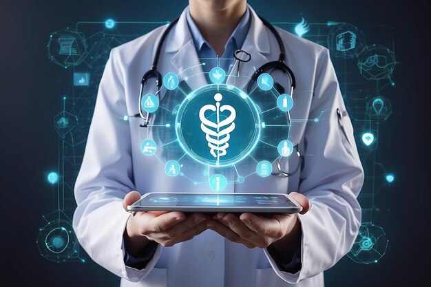Médico con icono de salud y registro médico electrónico Tecnología médica y concepto de red con atención médica digital