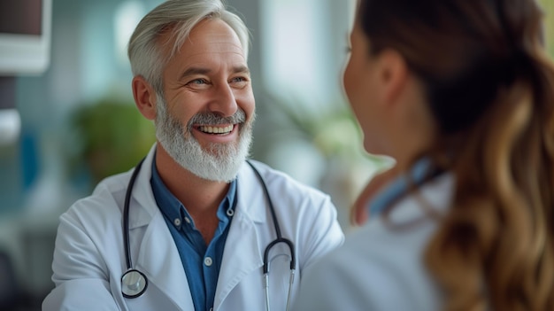 Médico idoso e paciente em conversa