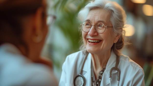 Médico idoso e paciente em conversa