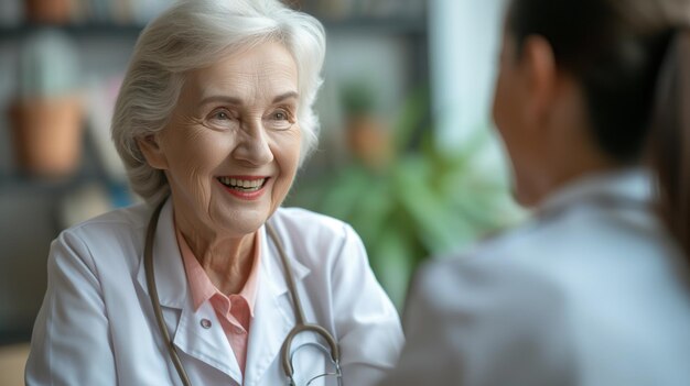 Médico idoso e paciente em conversa