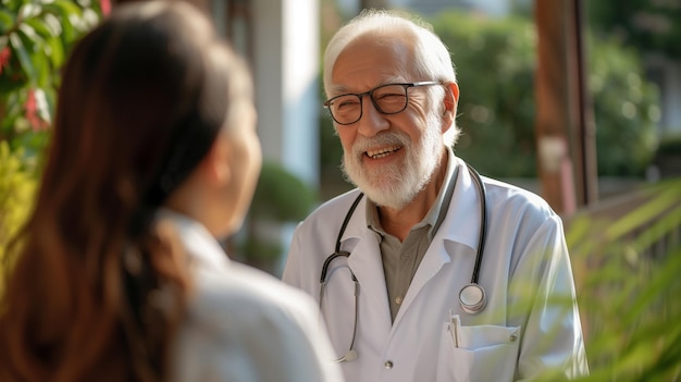 Médico idoso e paciente em conversa