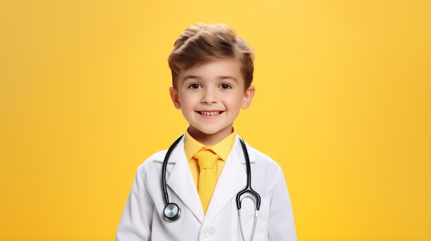 Foto médico infantil con uniforme de bata blanca aislado en el fondo amarillo del estudio calidez amigable sonrisa