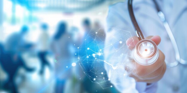 Un médico interactúa con una interfaz médica avanzada que muestra varios diagnósticos de salud y escaneos cerebrales