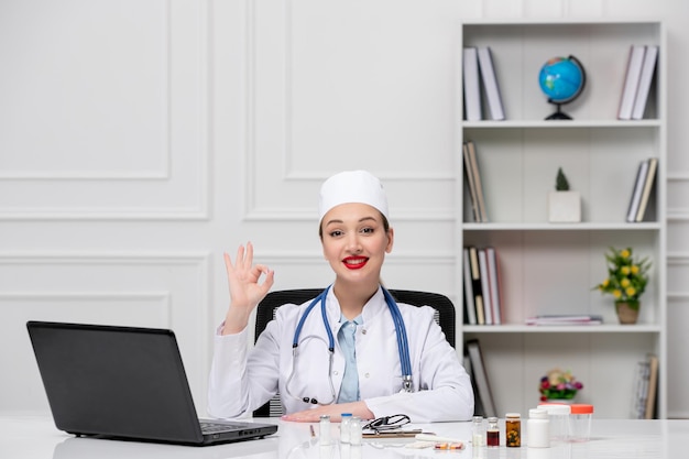 Médico joven médico rubio en bata de laboratorio blanca y sombrero con computadora