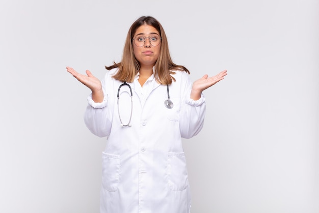 Foto médico joven que se siente desconcertado y confundido, dudando, ponderando o eligiendo diferentes opciones con expresión divertida