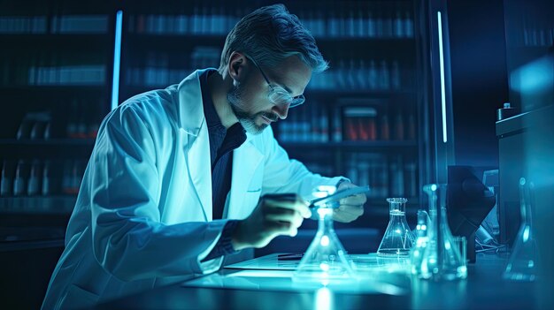 Foto un médico en un laboratorio moderno investiga una píldora para prolongar la vida.