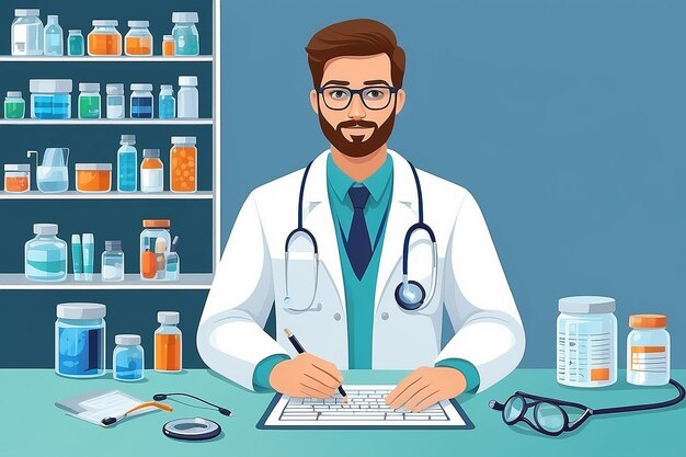 Médico en línea en el trabajo Ciencias médicas de la salud Banderas de medicina y farmacia Atención farmacéutica para el paciente Industria de la medicina