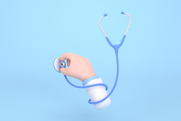 Médico de mano de dibujos animados en 3D sosteniendo un concepto de atención médica médica estetoscopio xA