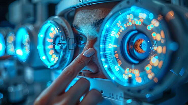 Médico con máquina de control de la visión