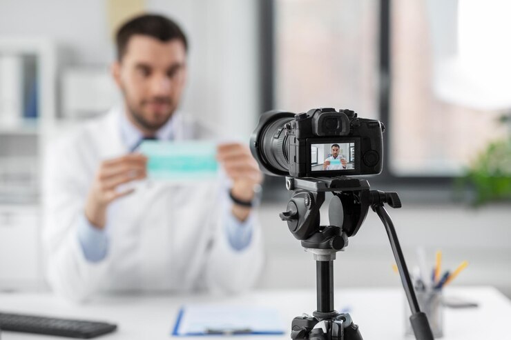 Foto médico con máscara grabando video blog en el hospital