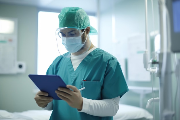 Un médico con una máscara quirúrgica que usa una tableta para ver los registros médicos de un paciente Generative ai