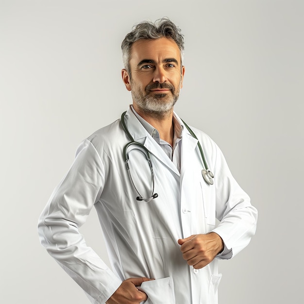 Un médico masculino de alrededor de 40 años con una bata blanca y un estetoscopio