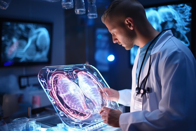 Foto médico masculino analisando uma varredura cerebral em um laboratório futurista