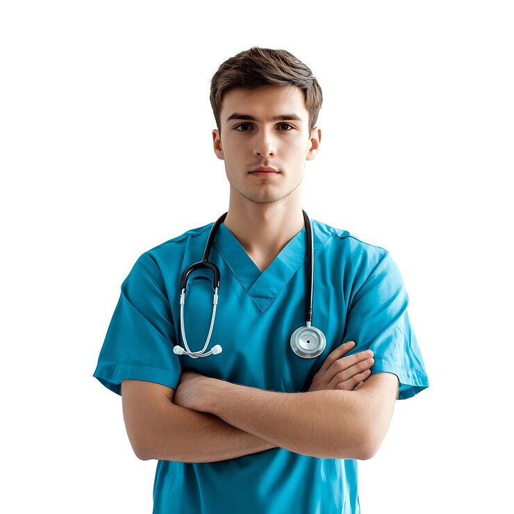 médico masculino arafado en traje azul con estetoscopio