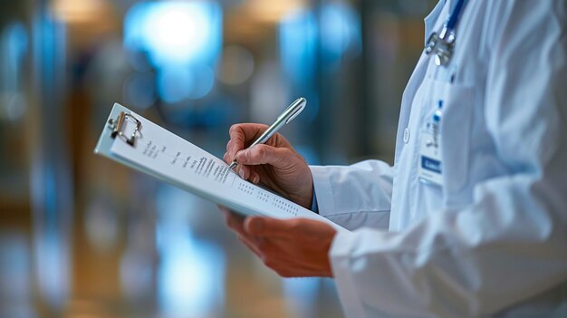 Foto médico masculino arrafado escrevendo em um caderno em um hospital generativo ai