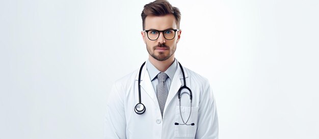 Médico masculino con bata blanca y anteojos aislados en fondo blanco mirando a la cámara con espacio para texto