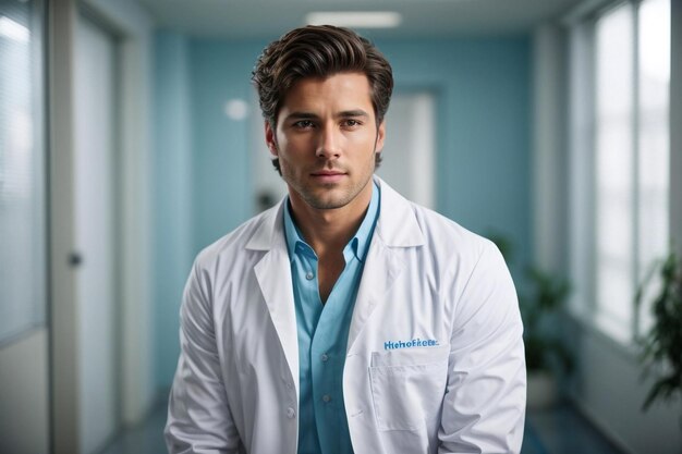 Foto un médico masculino calentando una bata blanca de laboratorio sentado en la clínica