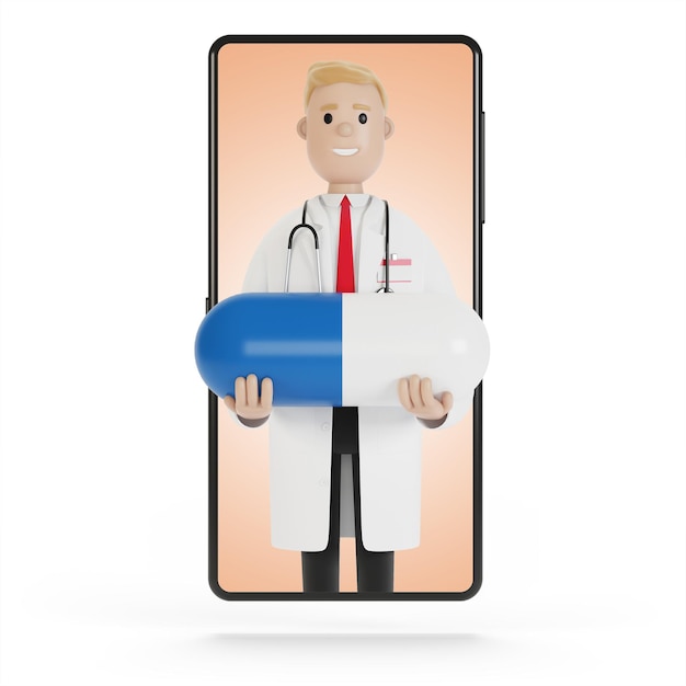 Médico masculino com um grande tablet azul na tela do smartphone. Ilustração 3D em estilo cartoon.