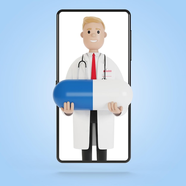 Médico masculino com um grande tablet azul na tela do smartphone. Ilustração 3D em estilo cartoon.