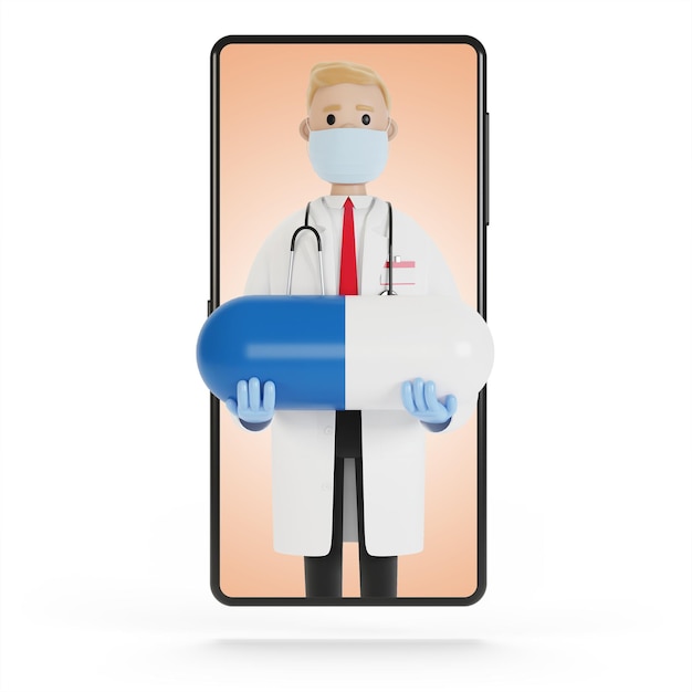 Médico masculino com um grande tablet azul na tela do smartphone. Ilustração 3D em estilo cartoon.