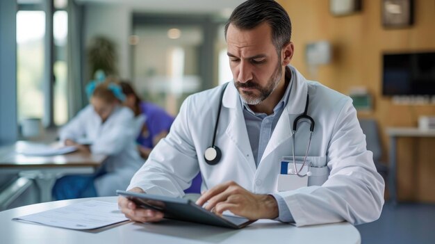 Foto médico masculino com um tablet na mesa do escritório do hospital