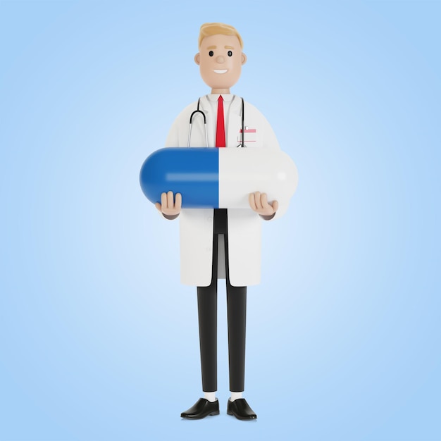 Médico masculino com uma grande pílula azul nas mãos. Ilustração 3D em estilo cartoon.