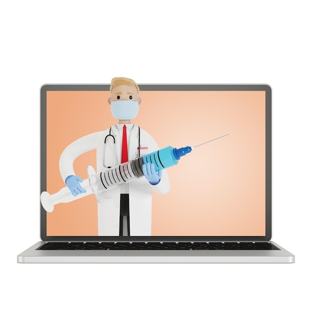 Médico masculino com uma seringa grande na tela do laptop. Ilustração 3D em estilo cartoon.