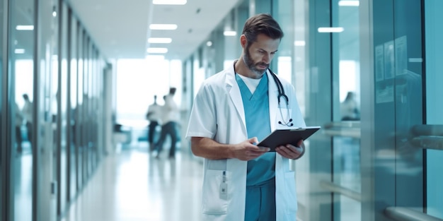 Médico masculino de uniforme fazendo anotações na área de transferência com espaço de cópia IA generativa