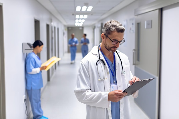 Médico masculino escrevendo na prancheta no corredor do hospital