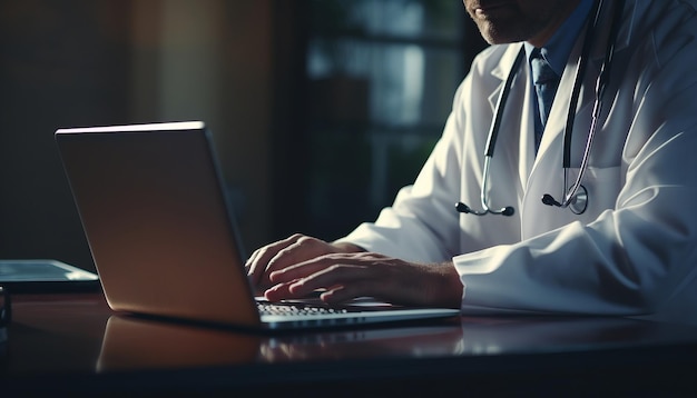 Médico masculino escribiendo en una computadora portátil con estetoscopio y tableta digital en la oficina para una reunión en línea del personal