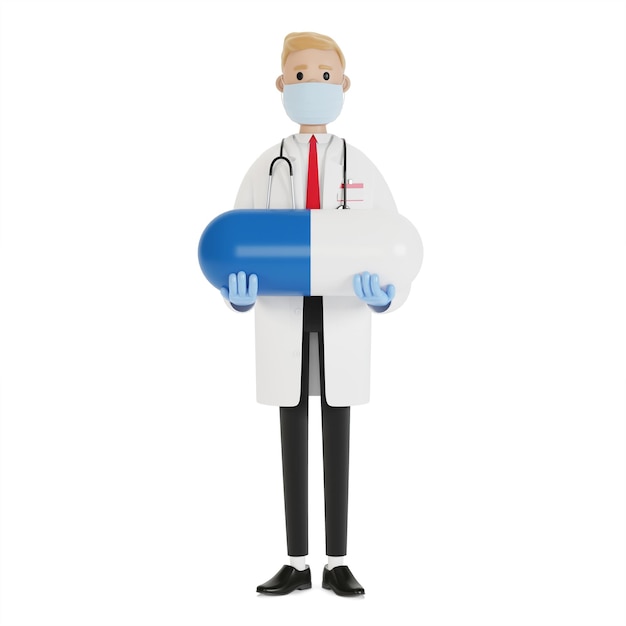 Médico masculino con una gran pastilla azul en las manos. Ilustración 3D en estilo de dibujos animados.