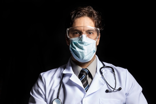 Médico masculino con máscara y gafas, cansado de trabajar con covid-19 sobre un fondo negro.