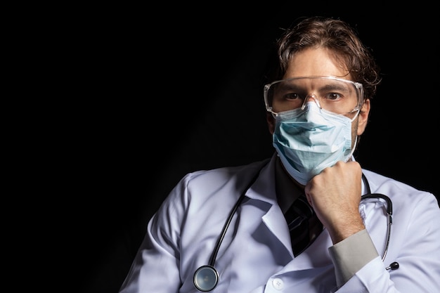 Médico masculino con máscara y gafas, cansado de trabajar con covid-19 sobre un fondo negro.