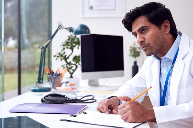 Médico masculino o médico de cabecera con bata blanca sentado en el escritorio en la oficina escribiendo notas en el portapapeles