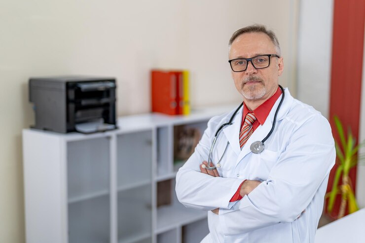 Foto médico masculino olhando para a câmera enquanto está sentado de mãos cruzadas à mesa em um escritório moderno. clínica atualizada.