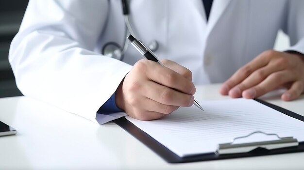 Foto médico masculino con pluma de plata en la mano y cuaderno de identificación física formulario de acuerdo firma enfermedad