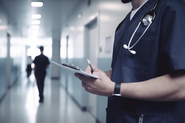 Médico masculino tomando notas en el clipboard mientras está de pie en el pasillo del hospital