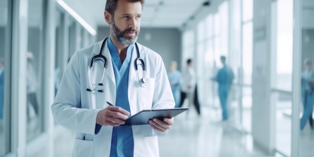 Médico masculino en uniforme tomando notas en el portapapeles con espacio para copiar IA generativa