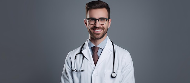 Médico masculino usando óculos e jaleco branco sorri para a câmera em uma sala isolada de fundo branco para saúde de texto