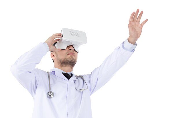 Médico masculino, usando, virtual, realidade, headset