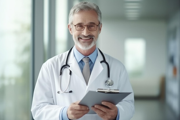 Médico de mediana edad en una bata médica blanca con clipboard y sonrisa