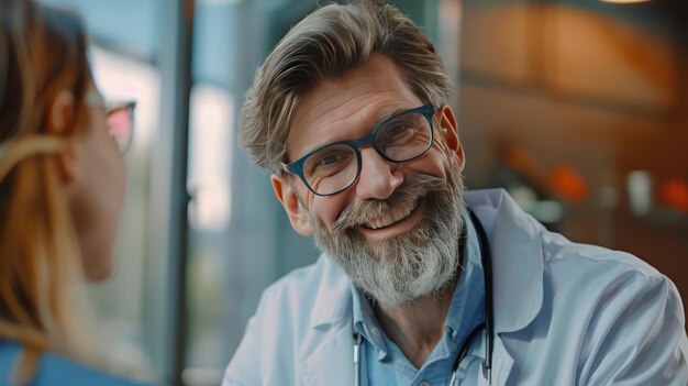 Médico de mediana edad hablando con un paciente sonriendo europeos fotografían sombras azules