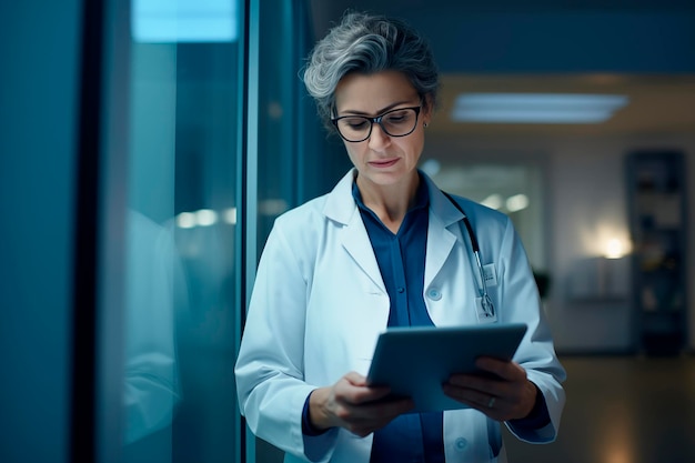 Foto médico de mediana edad usando su tableta en el trabajo