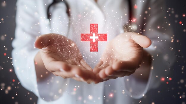 médico de medicina sostiene iconos médicos de atención médica para el concepto de seguro de salud en el fondo del hospitalilustración